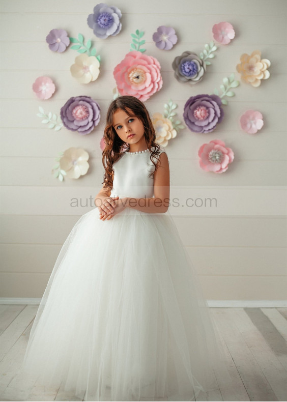 Pearl Neck Ivory Satin Tulle Flower Girl Dress